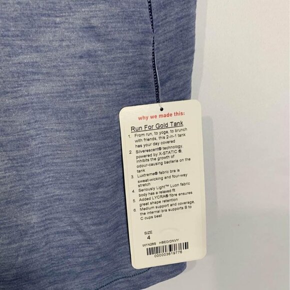 LULULEMON “run for the gold” tank. Built in bra. Size 4. New with tags. Blue. - Picture 2 of 10